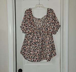 SHEIN Black Floral V-Neck Short Sleeve Blouse with Coral & Cream Flowers